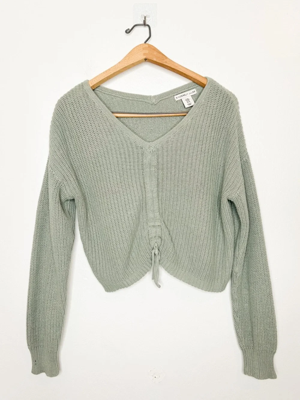 Sincerely Jules Womens Cinched‎ Front Cropped Knit Sweater Olive Green Medium M
